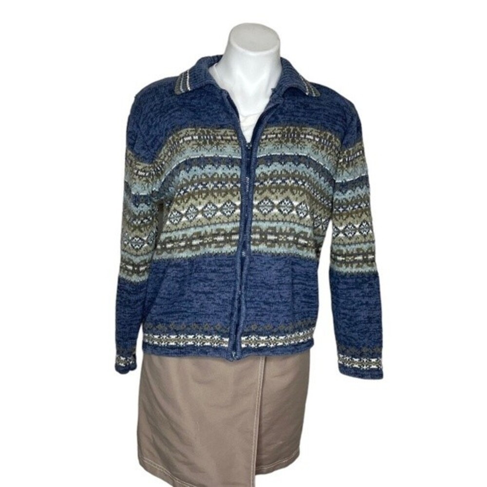 HEIRLOOM COLLECTIBLES Blue Sweater Full Zip Fair Isle Womens Size Medium